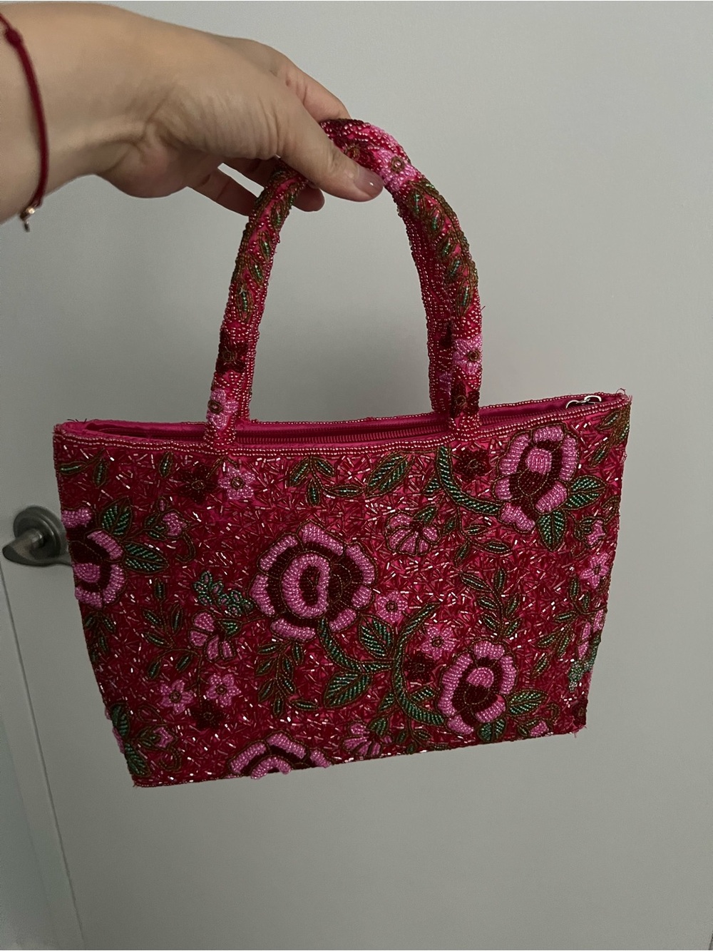 Hand-Beaded Pink Floral Tote Bag